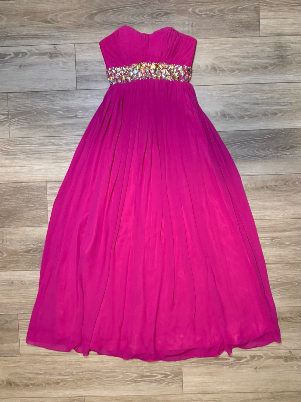 Anny Lee Hot Pink Strapless Chiffon Gown with Jeweled Waist